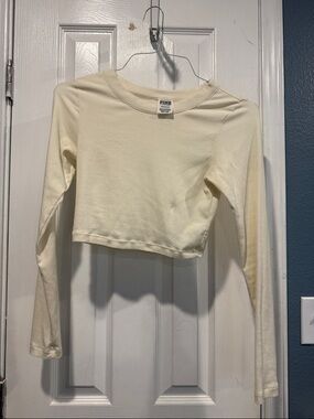 PINK Cropped Long Sleeve Ribbed Top in Cream